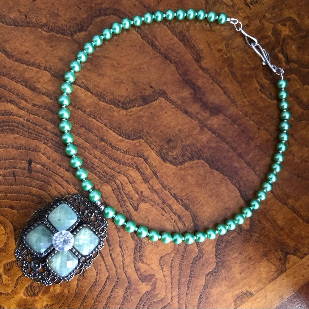 Handcrafted repurpose speckle green glass pendant Czech glass Pearl necklace